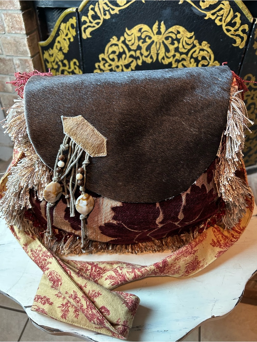 Western Boho Shoulder Bag Tote Purse Cow Hide Burgundy Brown Tapestry Fringe